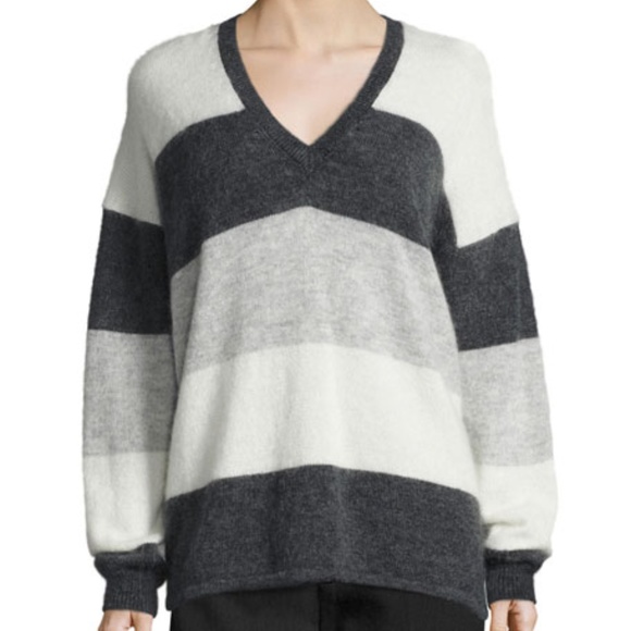VINCE Striped Mohair-Blend V-Neck Sweater - Picture 1 of 8